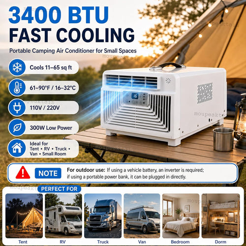  Climatiseur De Tente 220V, Climatiseur Portable 3400 BTU, 300W Unité De Camping Avec Télécommande, 1-12h Minuterie, Éhumidificateur Et Ventilateur, Pour Tente, RV, Camion, Dortoir, Cabine