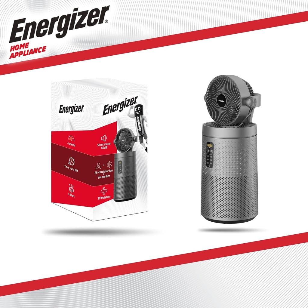  Energizer Ventilateur Colonne Purificateur D'Air Silencieux 35 DB, 368 M³/h, Oscillation 90°, 72 Cm, 4 Vitesses, Filtre HEPA Nettoyable, Pour Chambre Et Salon, Gris