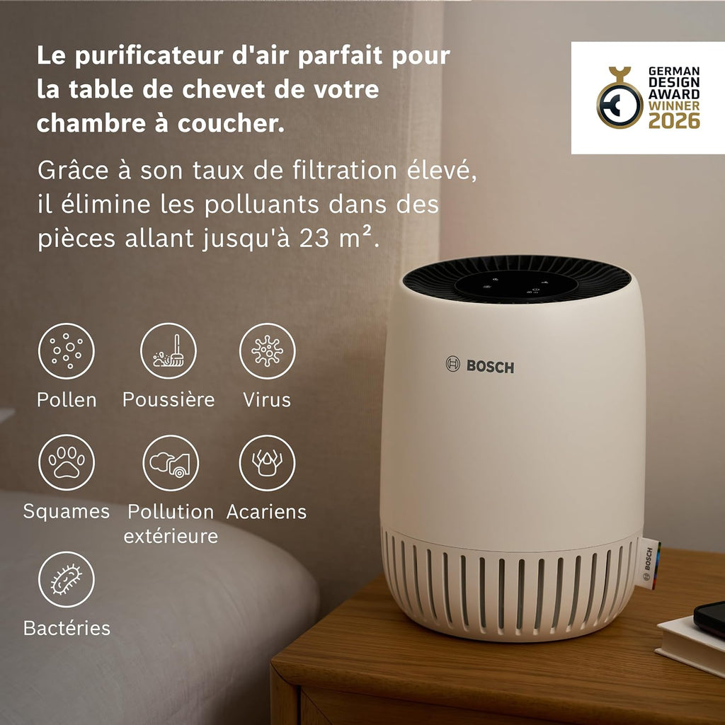  Bosch Air 500 Purificateur D'air - Élimine Les Polluants, Avec Un Filtre à Air Et Un Mode Sommeil (< 25 DB(A)) - Pour Jusqu'à 23 M² - Avec Port De Charge USB-C - CADR : 100 M³/h