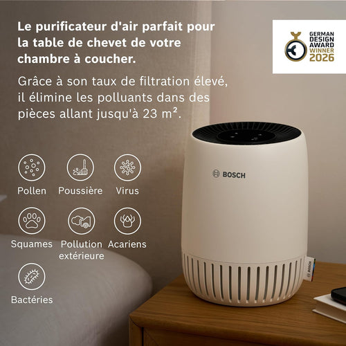  Bosch Air 500 Purificateur D'air - Élimine Les Polluants, Avec Un Filtre à Air Et Un Mode Sommeil (< 25 DB(A)) - Pour Jusqu'à 23 M² - Avec Port De Charge USB-C - CADR : 100 M³/h