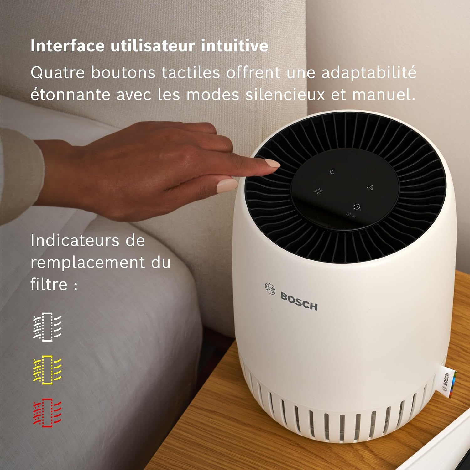  Bosch Air 500 Purificateur D'air - Élimine Les Polluants, Avec Un Filtre à Air Et Un Mode Sommeil (< 25 DB(A)) - Pour Jusqu'à 23 M² - Avec Port De Charge USB-C - CADR : 100 M³/h