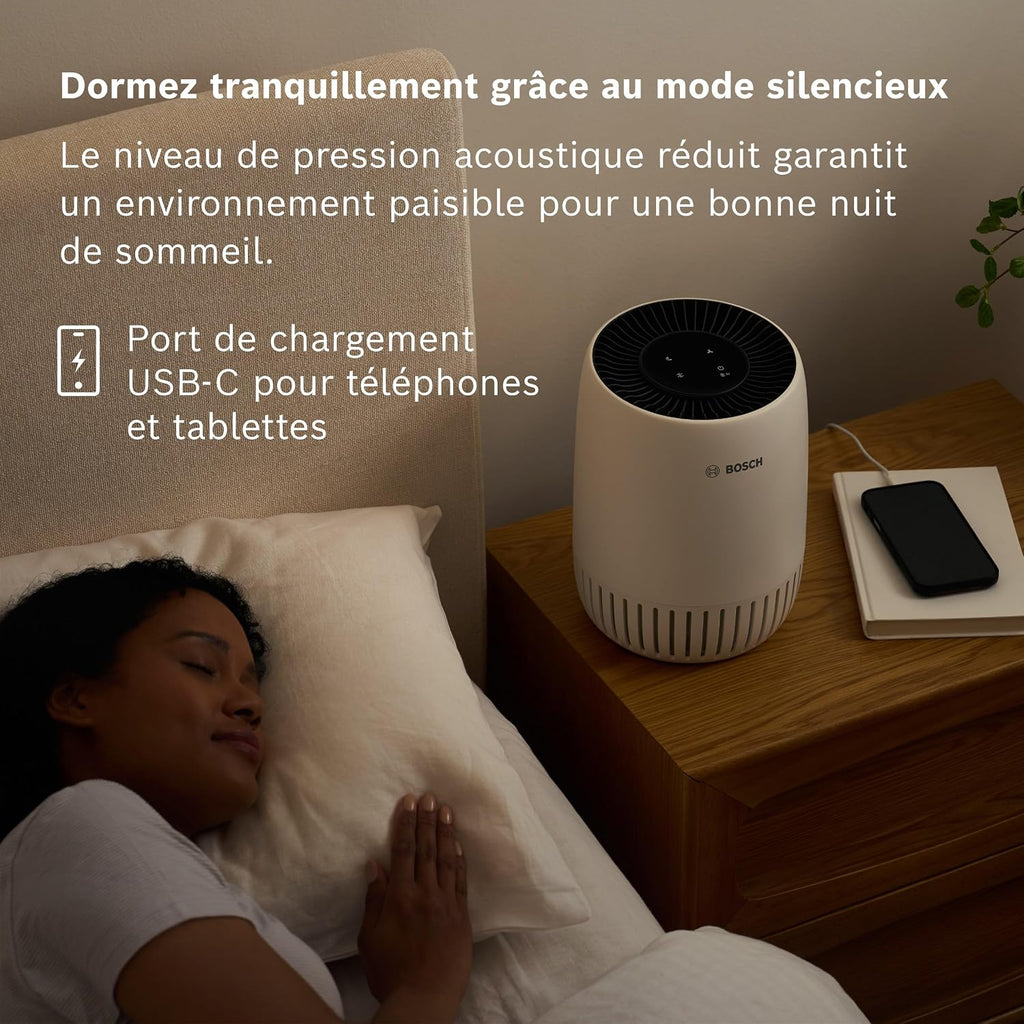  Bosch Air 500 Purificateur D'air - Élimine Les Polluants, Avec Un Filtre à Air Et Un Mode Sommeil (< 25 DB(A)) - Pour Jusqu'à 23 M² - Avec Port De Charge USB-C - CADR : 100 M³/h