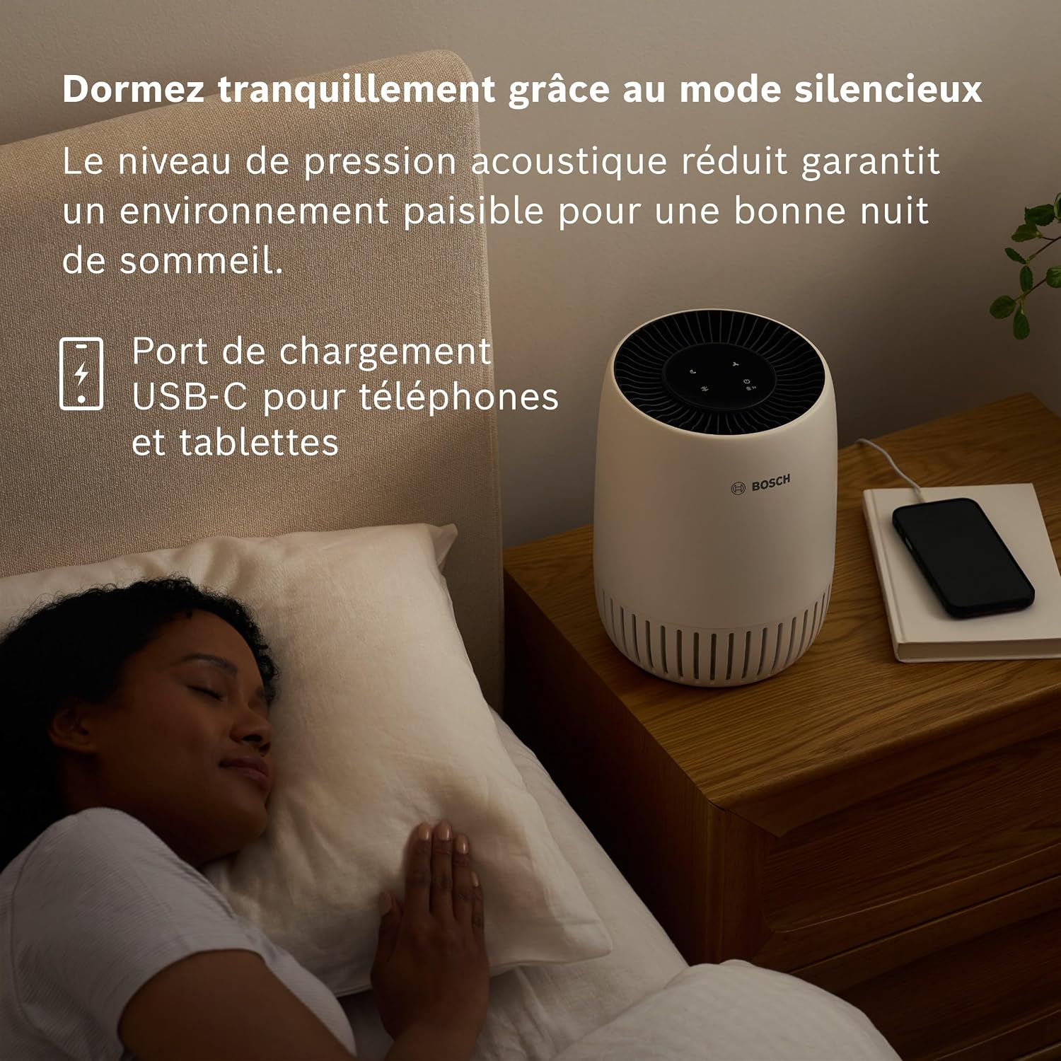  Bosch Air 500 Purificateur D'air - Élimine Les Polluants, Avec Un Filtre à Air Et Un Mode Sommeil (< 25 DB(A)) - Pour Jusqu'à 23 M² - Avec Port De Charge USB-C - CADR : 100 M³/h